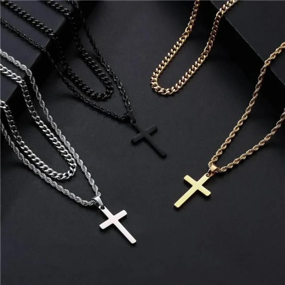 Yooblue Mens Cross Necklace Stainless Steel Silver Gold Black Pendant Chain